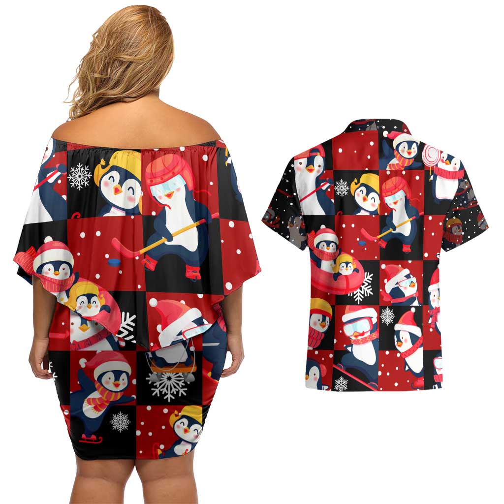 Penguin Winter Sports Christmas Couples Matching Off Shoulder Short Dress and Hawaiian Shirt Cute Holiday Ski Snow Fun - Wonder Print Shop