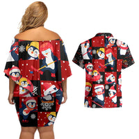 Penguin Winter Sports Christmas Couples Matching Off Shoulder Short Dress and Hawaiian Shirt Cute Holiday Ski Snow Fun - Wonder Print Shop