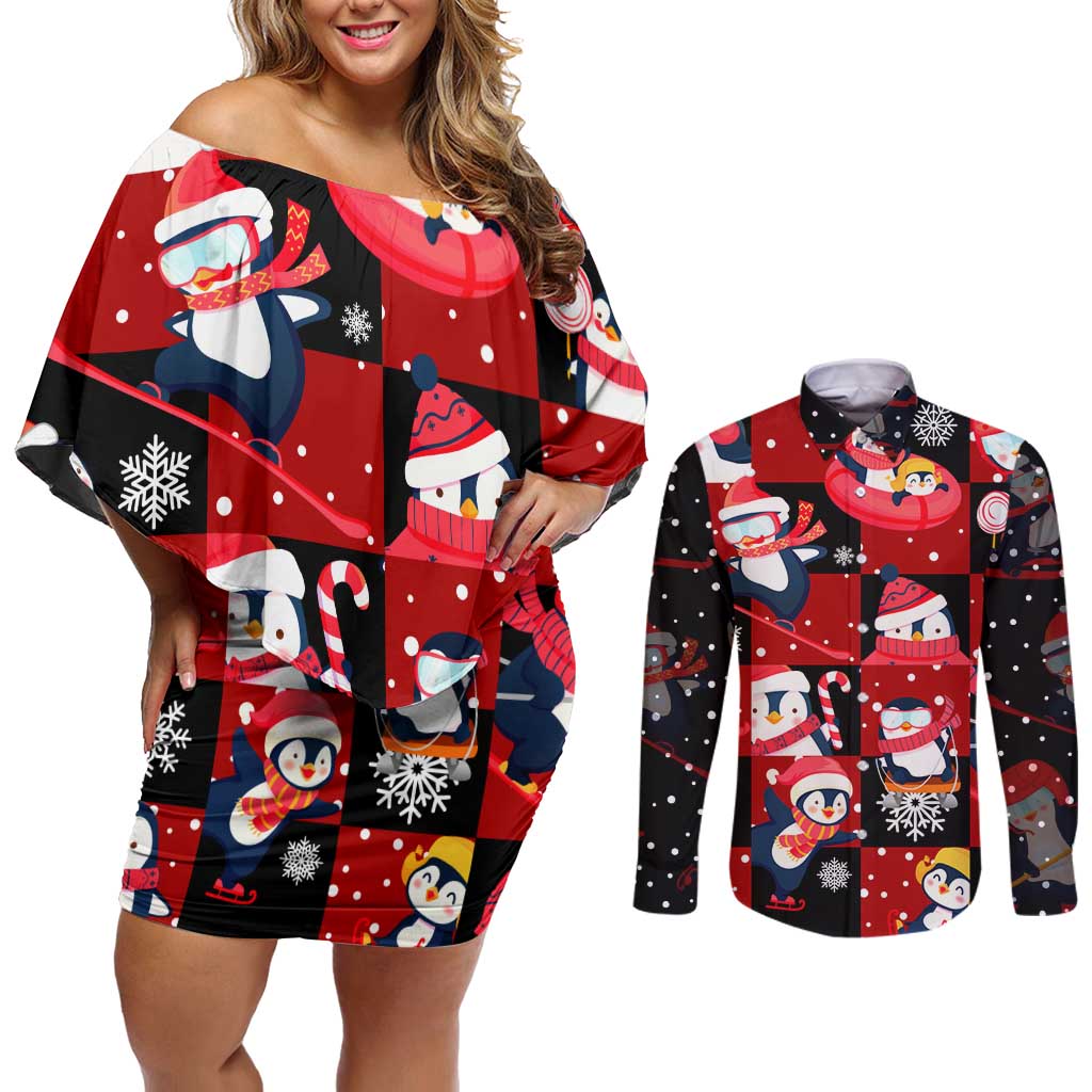 Penguin Winter Sports Christmas Couples Matching Off Shoulder Short Dress and Long Sleeve Button Shirt Cute Holiday Ski Snow Fun - Wonder Print Shop