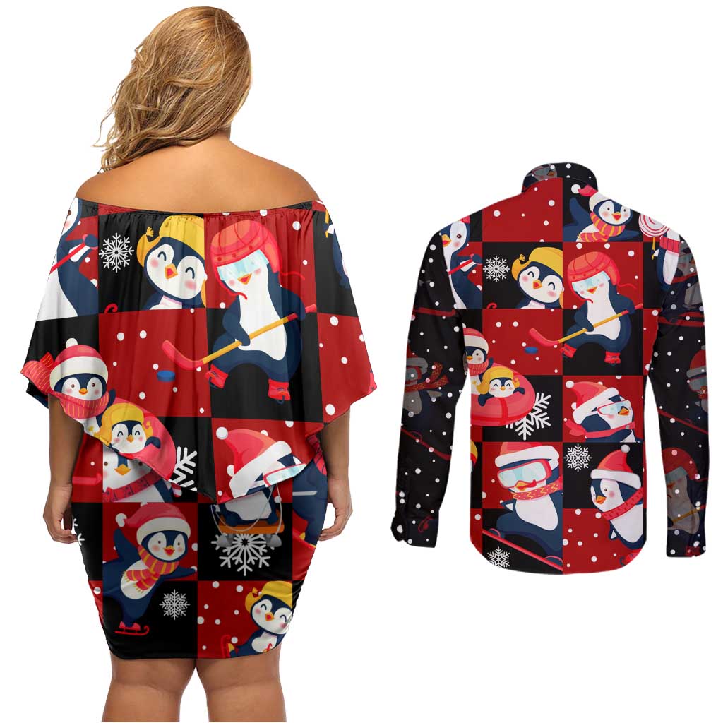 Penguin Winter Sports Christmas Couples Matching Off Shoulder Short Dress and Long Sleeve Button Shirt Cute Holiday Ski Snow Fun - Wonder Print Shop