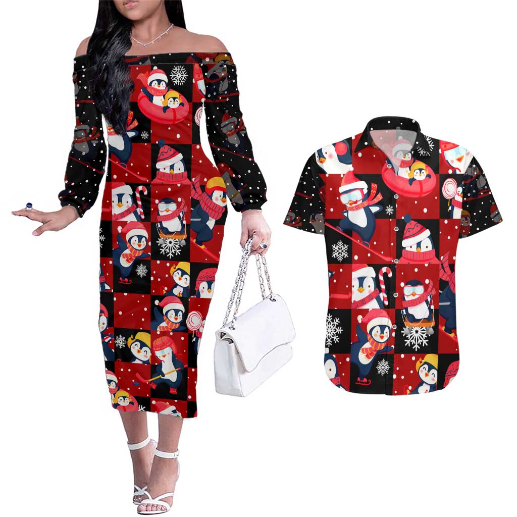 Penguin Winter Sports Christmas Couples Matching Off The Shoulder Long Sleeve Dress and Hawaiian Shirt Cute Holiday Ski Snow Fun - Wonder Print Shop