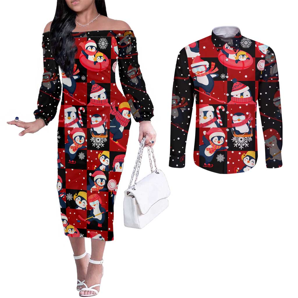 Penguin Winter Sports Christmas Couples Matching Off The Shoulder Long Sleeve Dress and Long Sleeve Button Shirt Cute Holiday Ski Snow Fun - Wonder Print Shop