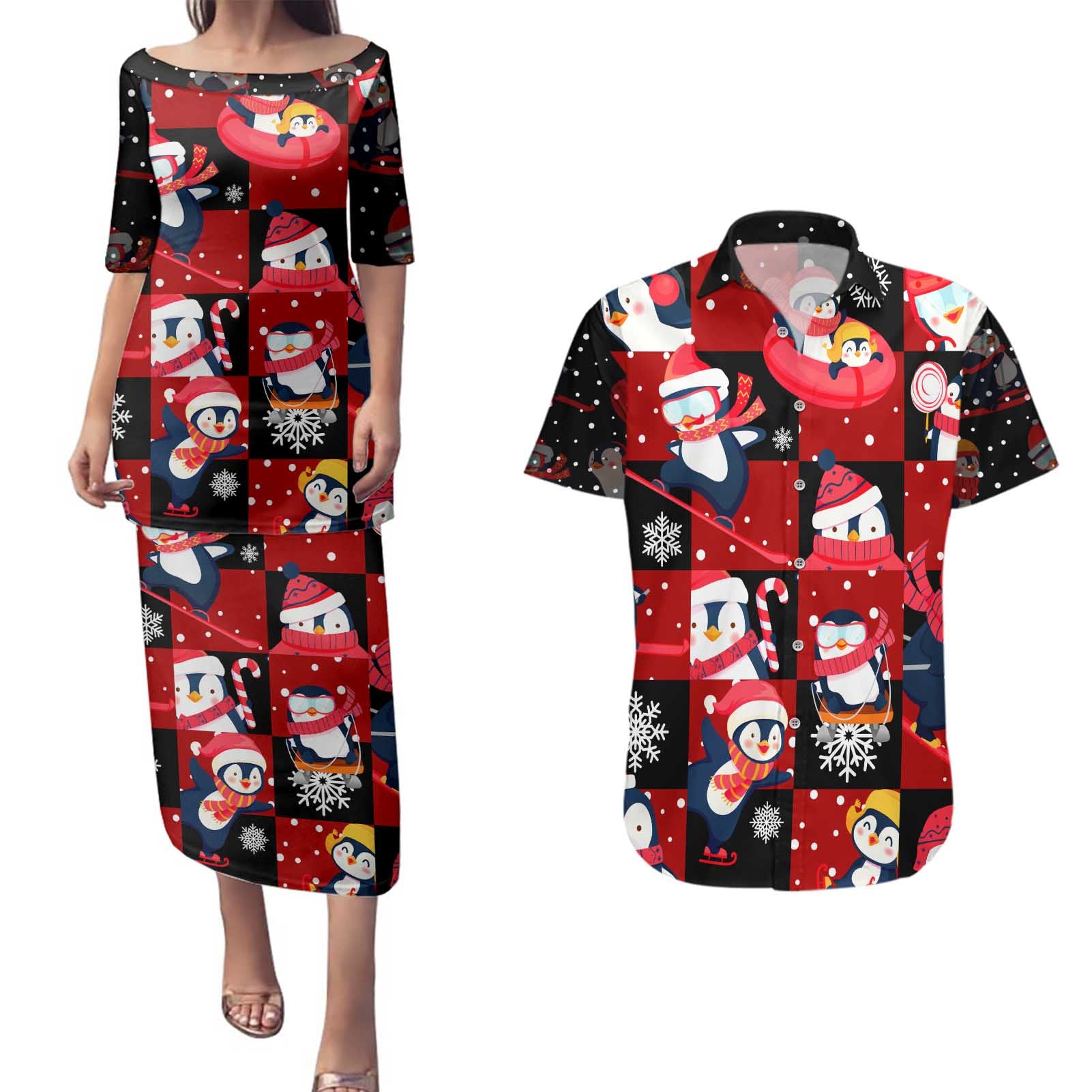 Penguin Winter Sports Christmas Couples Matching Puletasi and Hawaiian Shirt Cute Holiday Ski Snow Fun - Wonder Print Shop