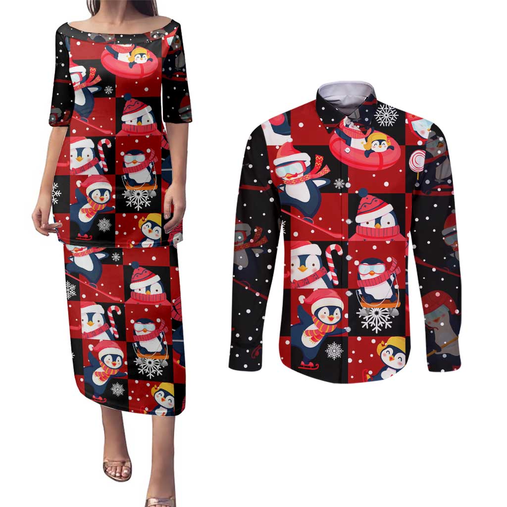 Penguin Winter Sports Christmas Couples Matching Puletasi and Long Sleeve Button Shirt Cute Holiday Ski Snow Fun - Wonder Print Shop