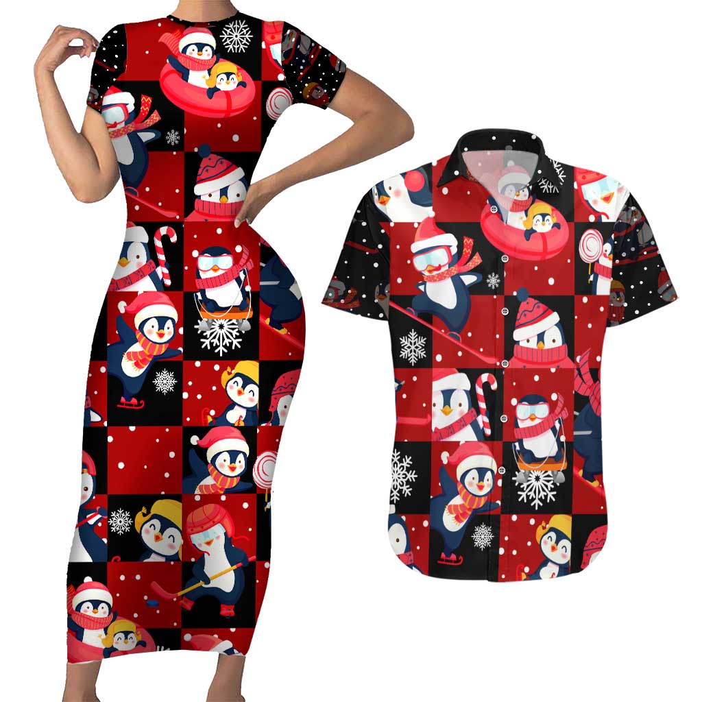Penguin Winter Sports Christmas Couples Matching Short Sleeve Bodycon Dress and Hawaiian Shirt Cute Holiday Ski Snow Fun - Wonder Print Shop