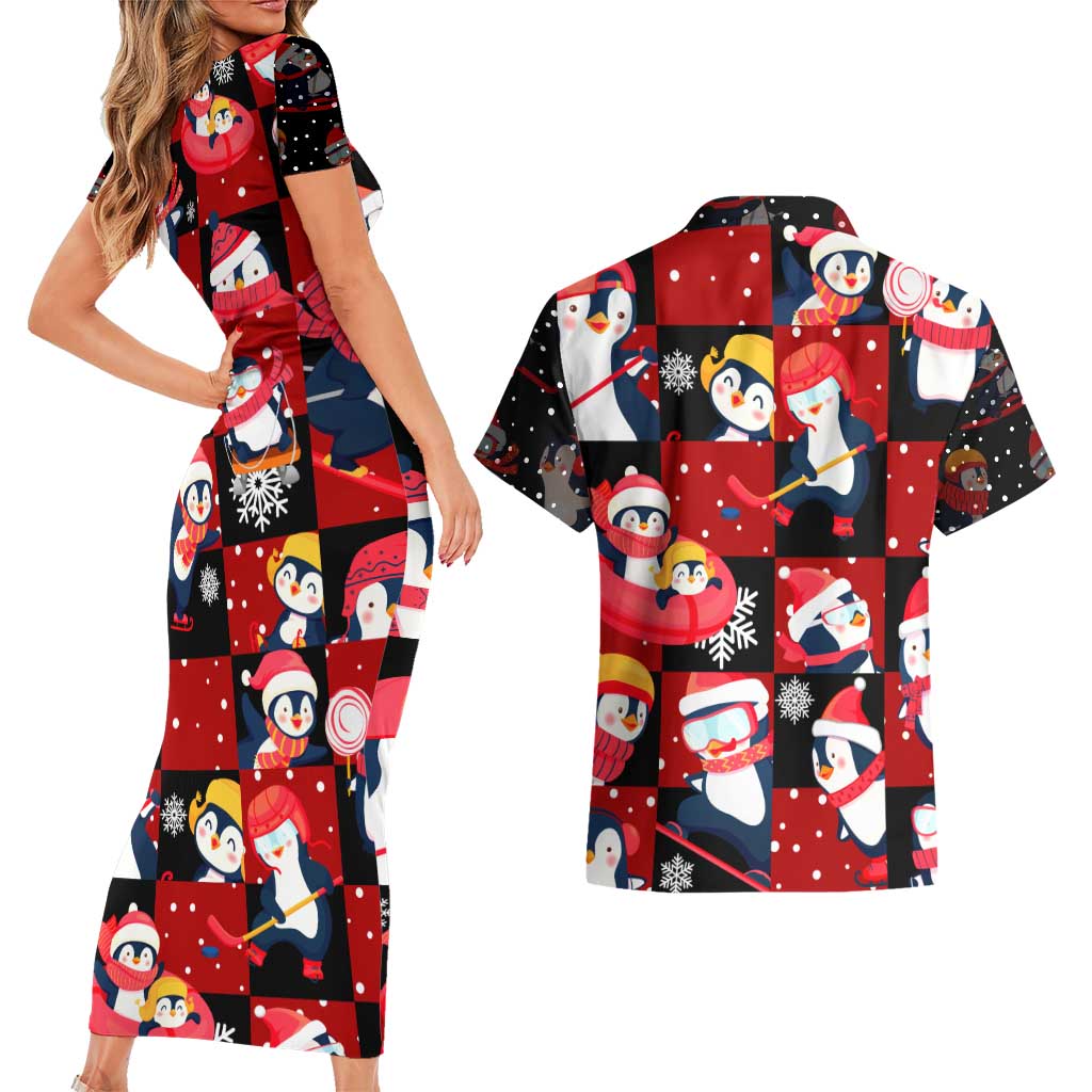 Penguin Winter Sports Christmas Couples Matching Short Sleeve Bodycon Dress and Hawaiian Shirt Cute Holiday Ski Snow Fun - Wonder Print Shop