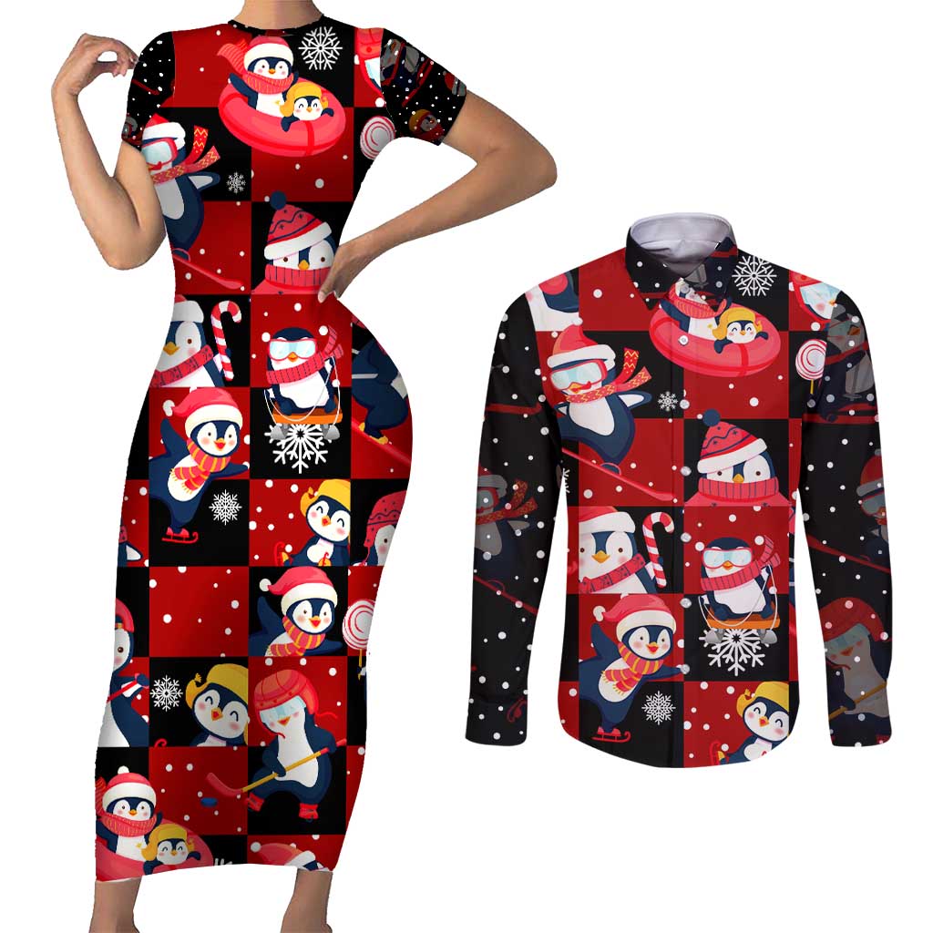 Penguin Winter Sports Christmas Couples Matching Short Sleeve Bodycon Dress and Long Sleeve Button Shirt Cute Holiday Ski Snow Fun - Wonder Print Shop