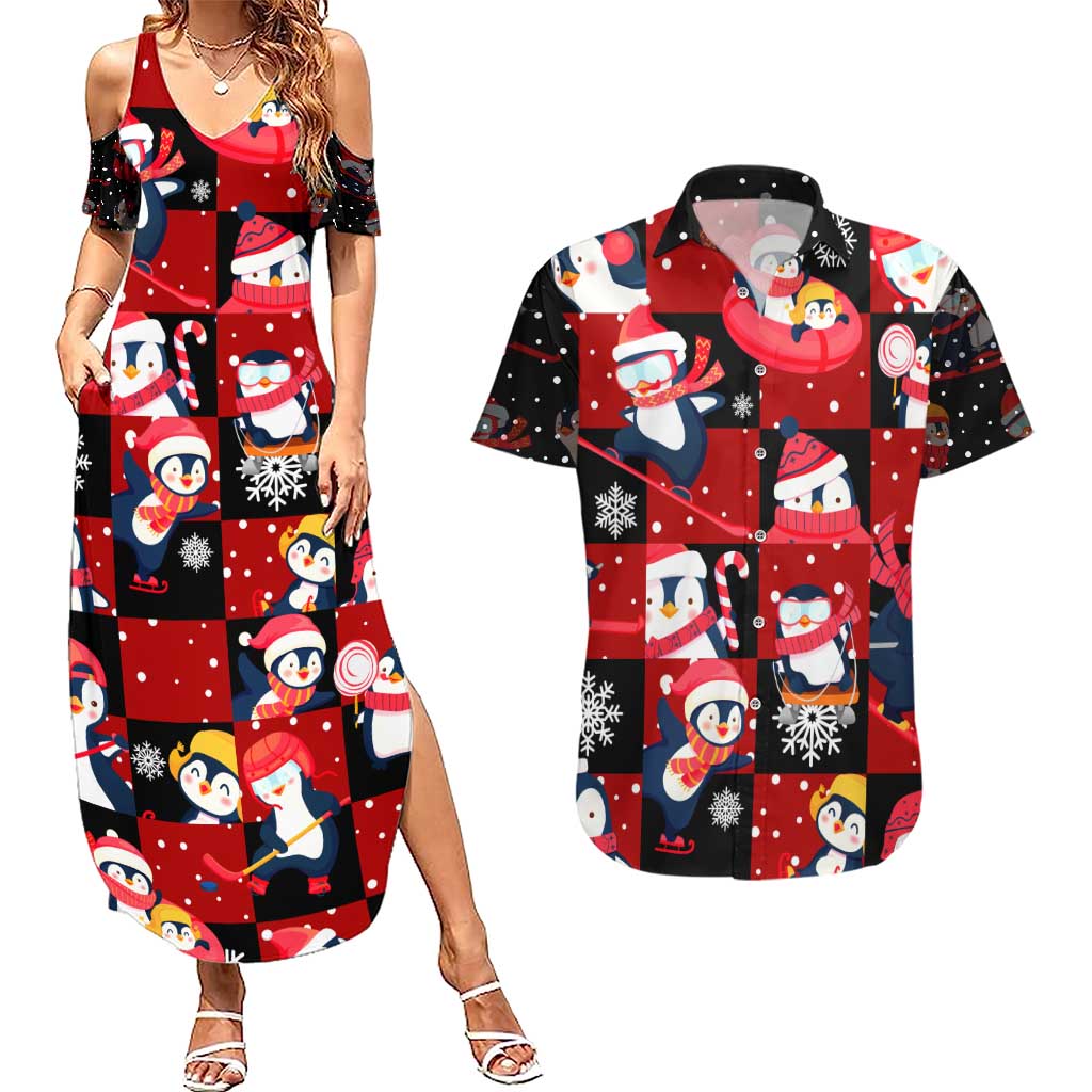 Penguin Winter Sports Christmas Couples Matching Summer Maxi Dress and Hawaiian Shirt Cute Holiday Ski Snow Fun - Wonder Print Shop