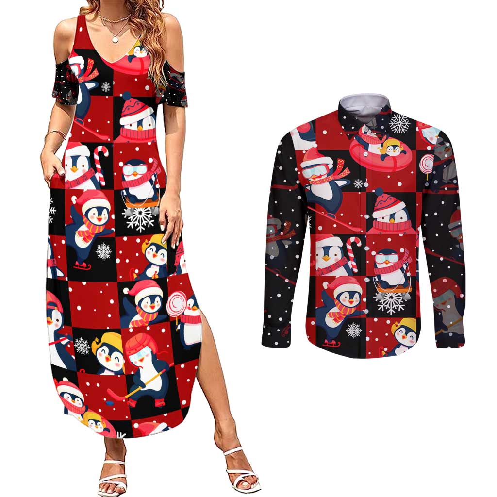 Penguin Winter Sports Christmas Couples Matching Summer Maxi Dress and Long Sleeve Button Shirt Cute Holiday Ski Snow Fun - Wonder Print Shop