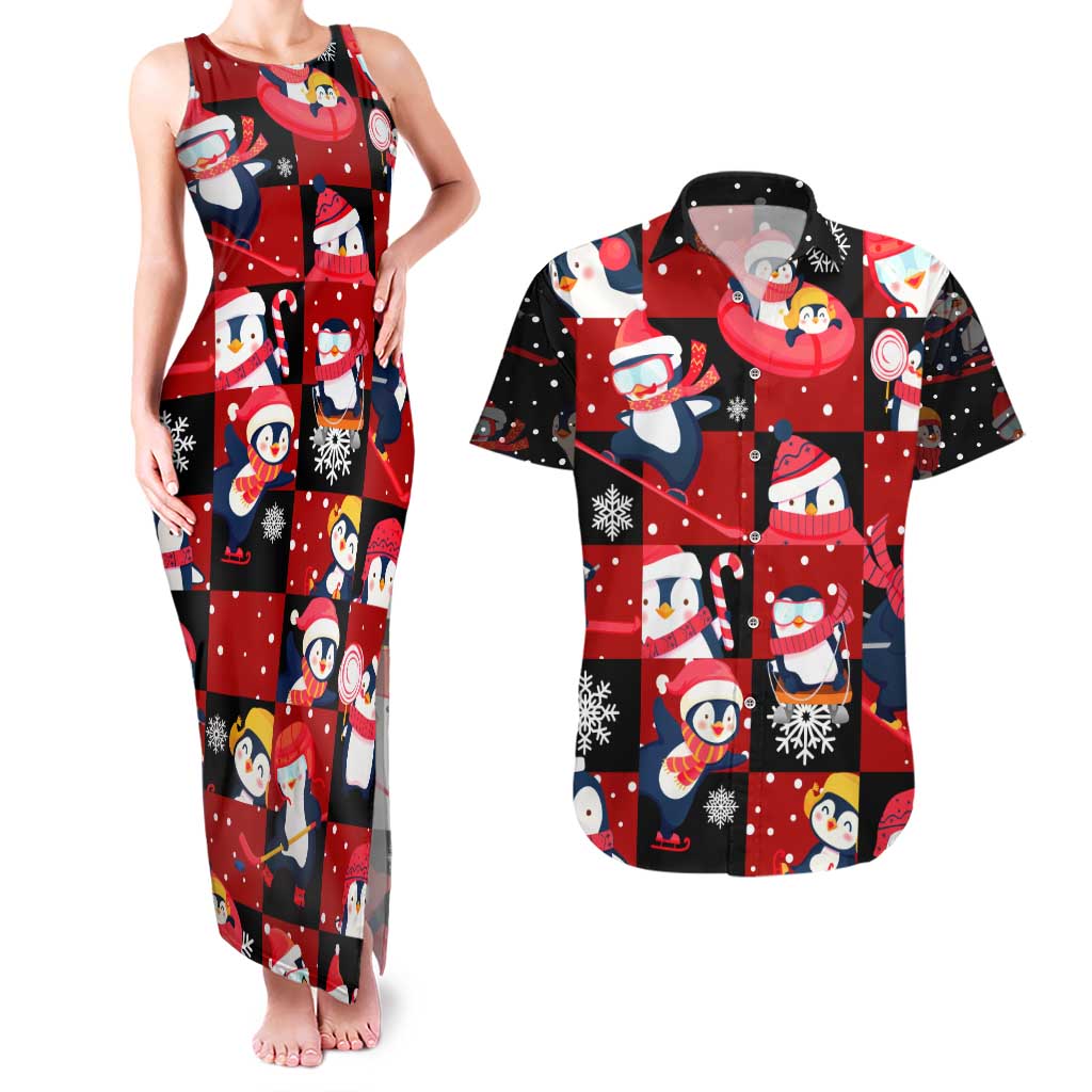 Penguin Winter Sports Christmas Couples Matching Tank Maxi Dress and Hawaiian Shirt Cute Holiday Ski Snow Fun - Wonder Print Shop