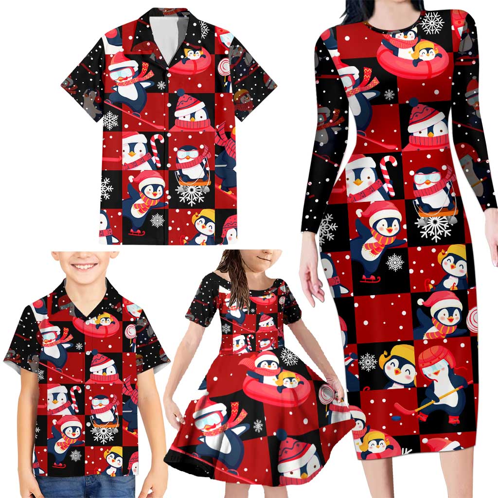 Penguin Winter Sports Christmas Family Matching Long Sleeve Bodycon Dress and Hawaiian Shirt Cute Holiday Ski Snow Fun - Wonder Print Shop