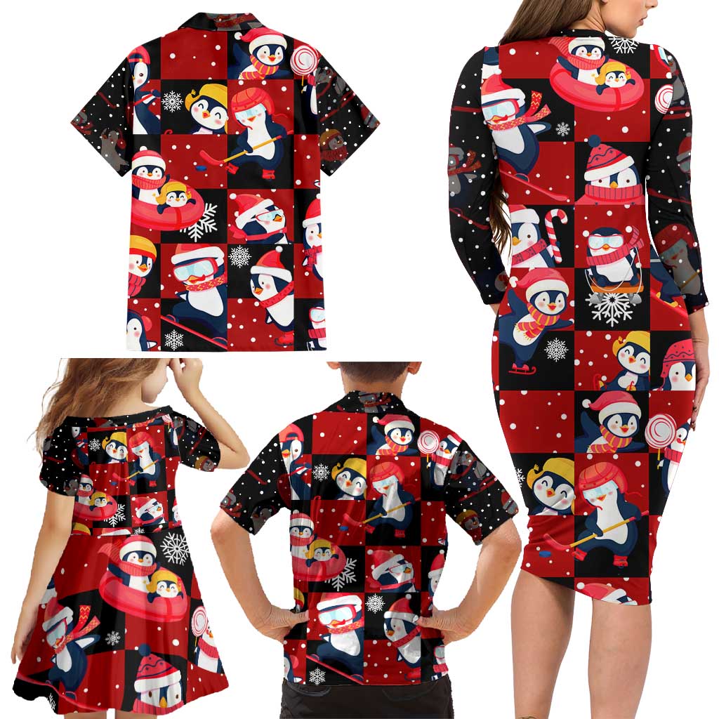 Penguin Winter Sports Christmas Family Matching Long Sleeve Bodycon Dress and Hawaiian Shirt Cute Holiday Ski Snow Fun - Wonder Print Shop