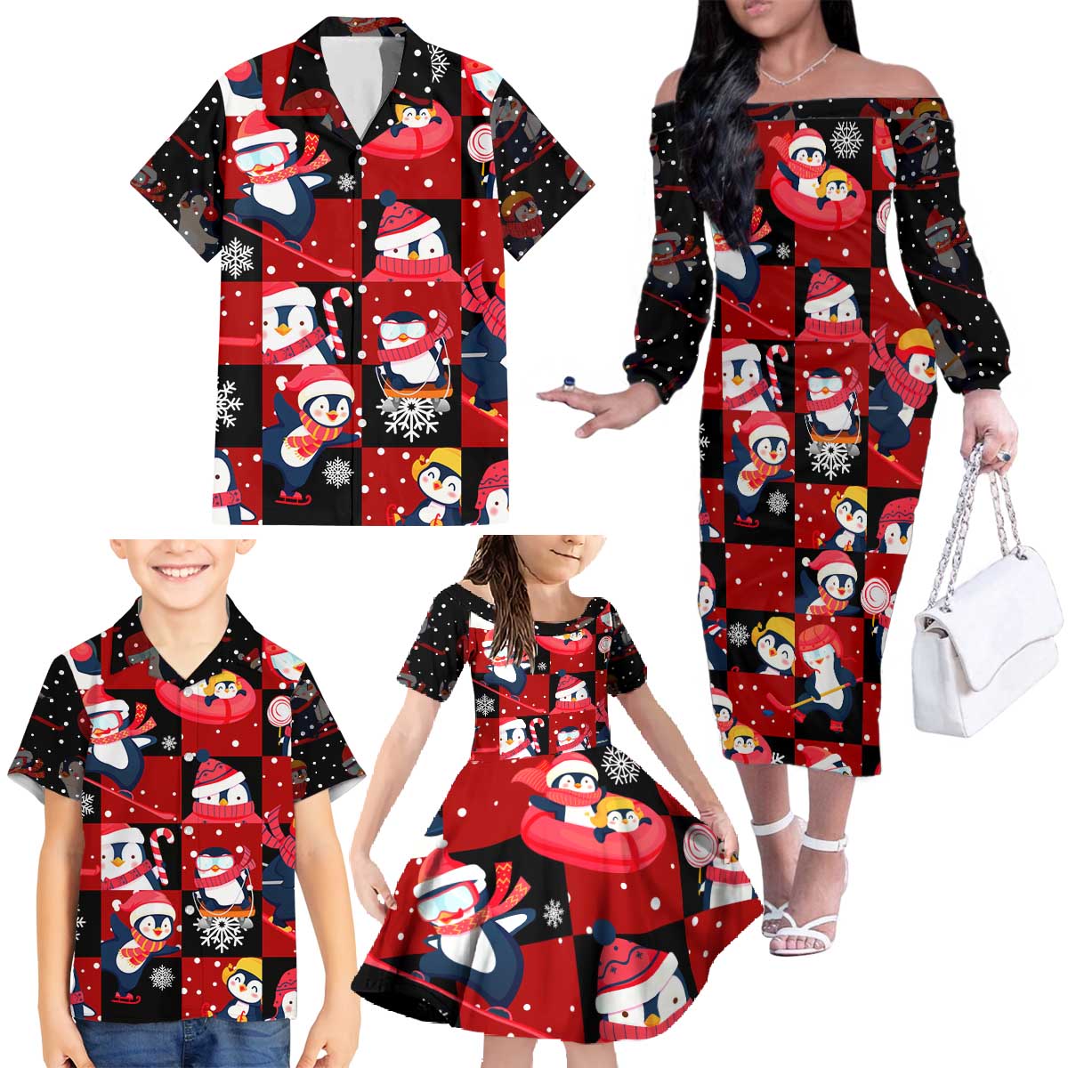 Penguin Winter Sports Christmas Family Matching Off The Shoulder Long Sleeve Dress and Hawaiian Shirt Cute Holiday Ski Snow Fun - Wonder Print Shop