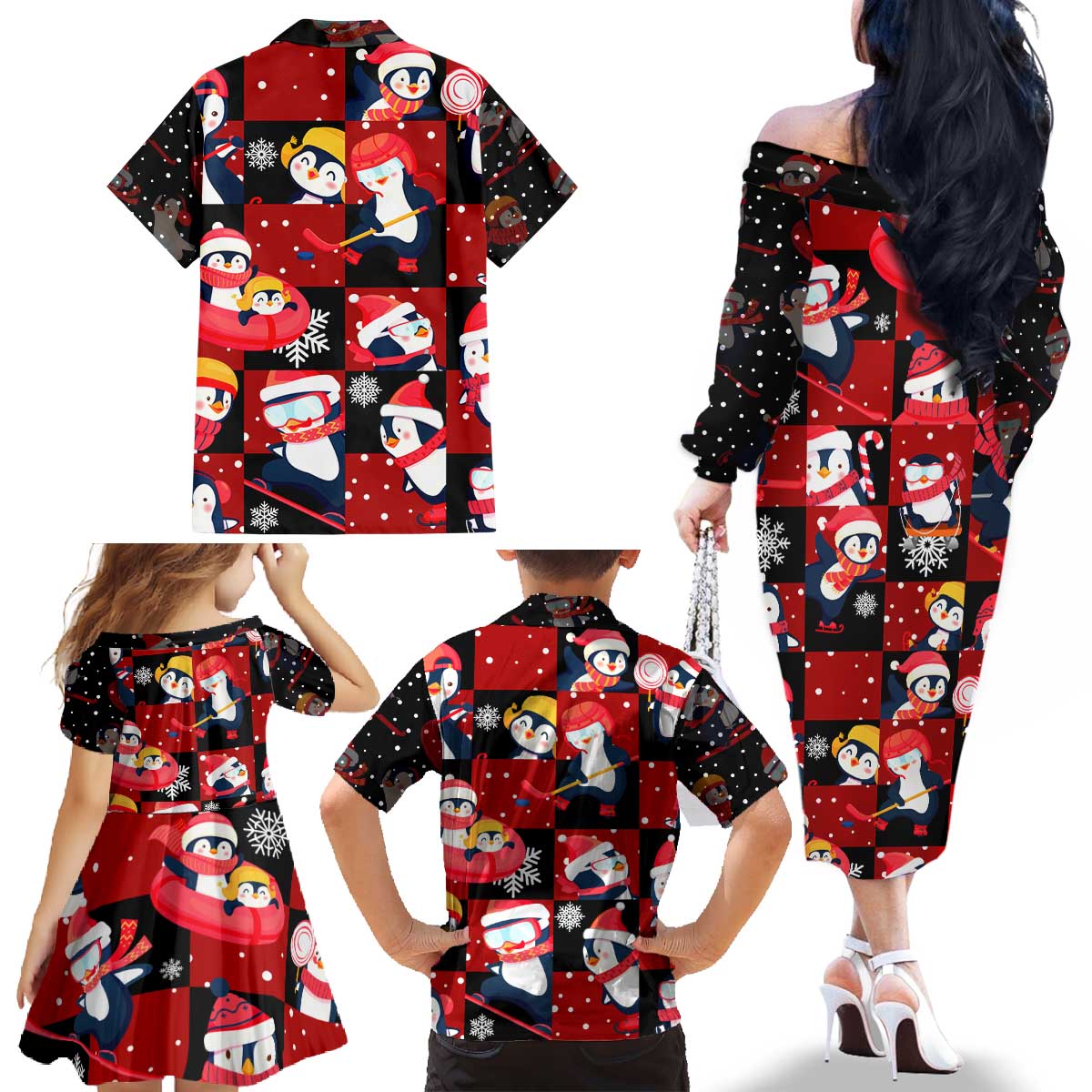 Penguin Winter Sports Christmas Family Matching Off The Shoulder Long Sleeve Dress and Hawaiian Shirt Cute Holiday Ski Snow Fun - Wonder Print Shop