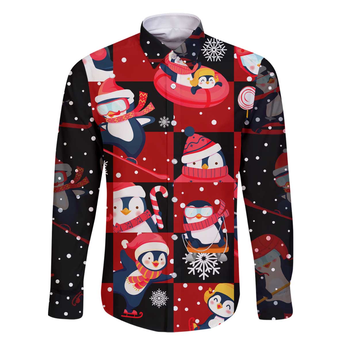 Penguin Winter Sports Christmas Family Matching Off The Shoulder Long Sleeve Dress and Hawaiian Shirt Cute Holiday Ski Snow Fun - Wonder Print Shop