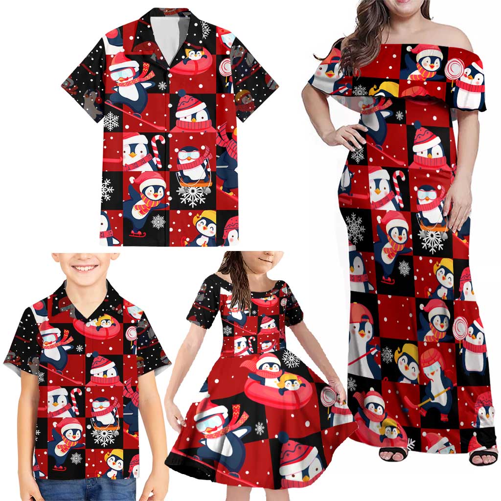 Penguin Winter Sports Christmas Family Matching Off Shoulder Maxi Dress and Hawaiian Shirt Cute Holiday Ski Snow Fun - Wonder Print Shop
