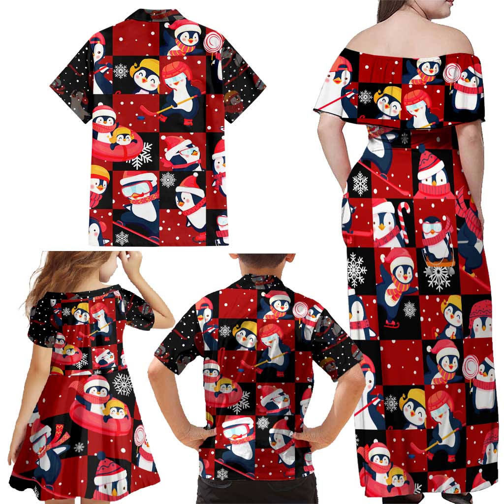 Penguin Winter Sports Christmas Family Matching Off Shoulder Maxi Dress and Hawaiian Shirt Cute Holiday Ski Snow Fun - Wonder Print Shop