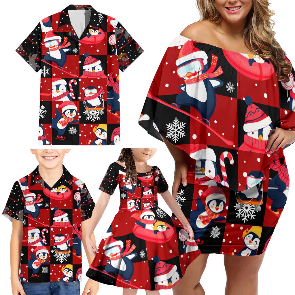 Penguin Winter Sports Christmas Family Matching Off Shoulder Short Dress and Hawaiian Shirt Cute Holiday Ski Snow Fun - Wonder Print Shop