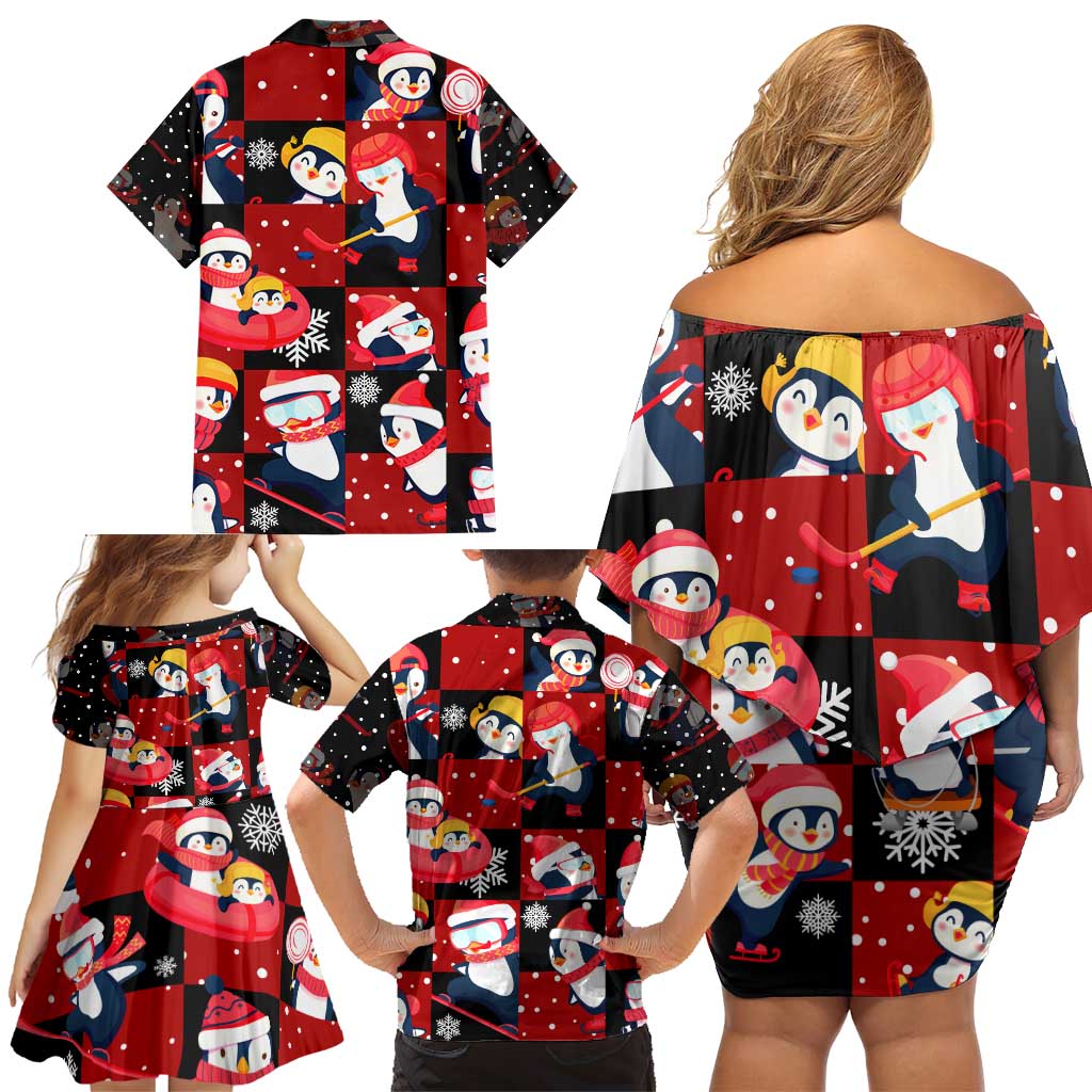 Penguin Winter Sports Christmas Family Matching Off Shoulder Short Dress and Hawaiian Shirt Cute Holiday Ski Snow Fun - Wonder Print Shop