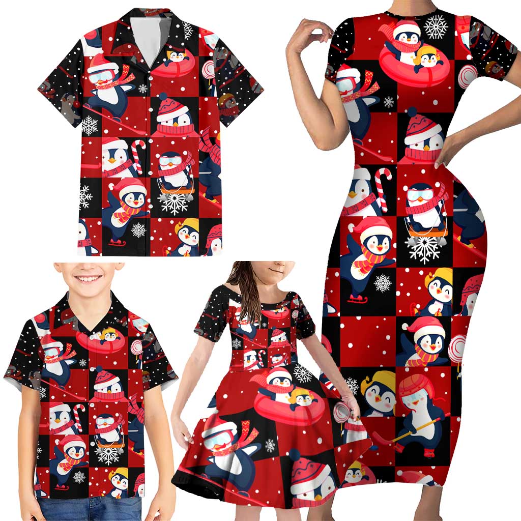 Penguin Winter Sports Christmas Family Matching Short Sleeve Bodycon Dress and Hawaiian Shirt Cute Holiday Ski Snow Fun - Wonder Print Shop