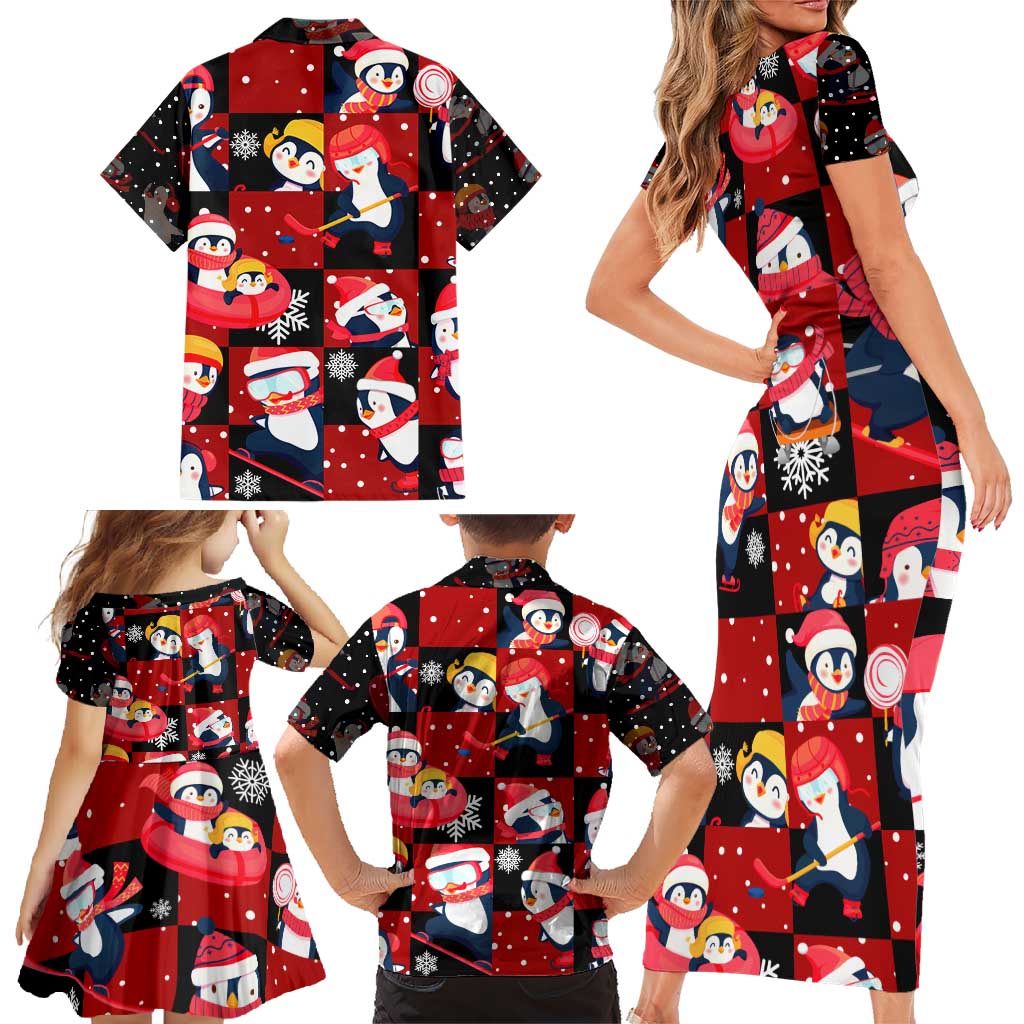 Penguin Winter Sports Christmas Family Matching Short Sleeve Bodycon Dress and Hawaiian Shirt Cute Holiday Ski Snow Fun - Wonder Print Shop