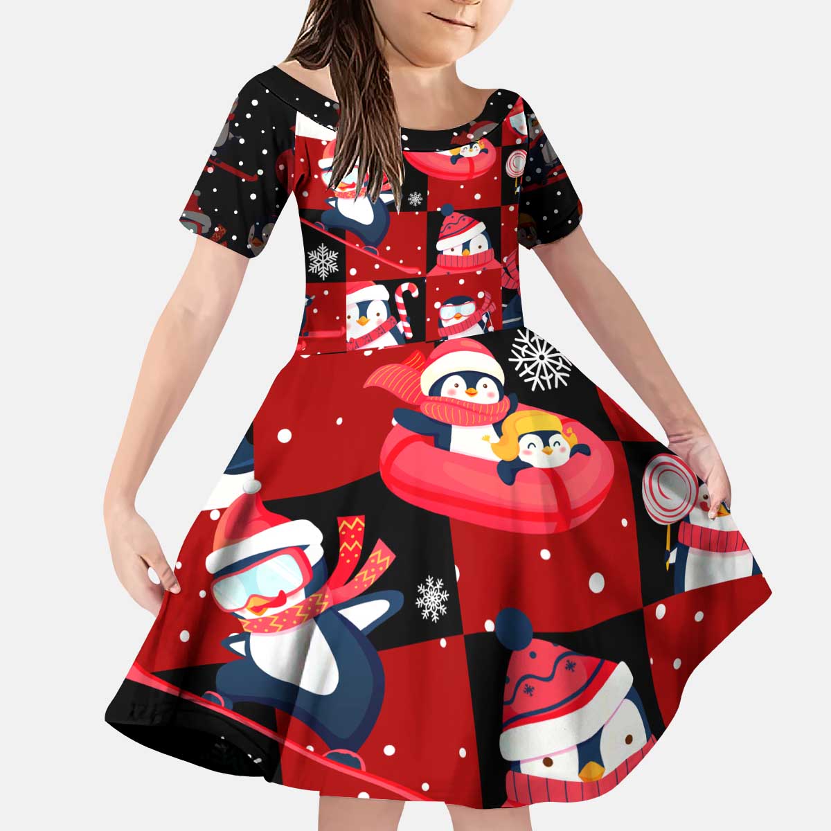 Penguin Winter Sports Christmas Kid Short Sleeve Dress Cute Holiday Ski Snow Fun - Wonder Print Shop