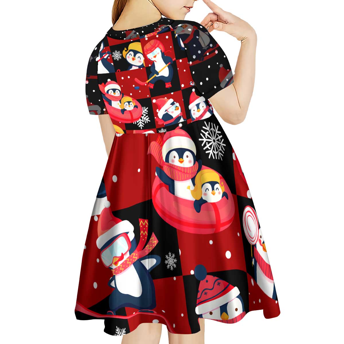 Penguin Winter Sports Christmas Kid Short Sleeve Dress Cute Holiday Ski Snow Fun - Wonder Print Shop