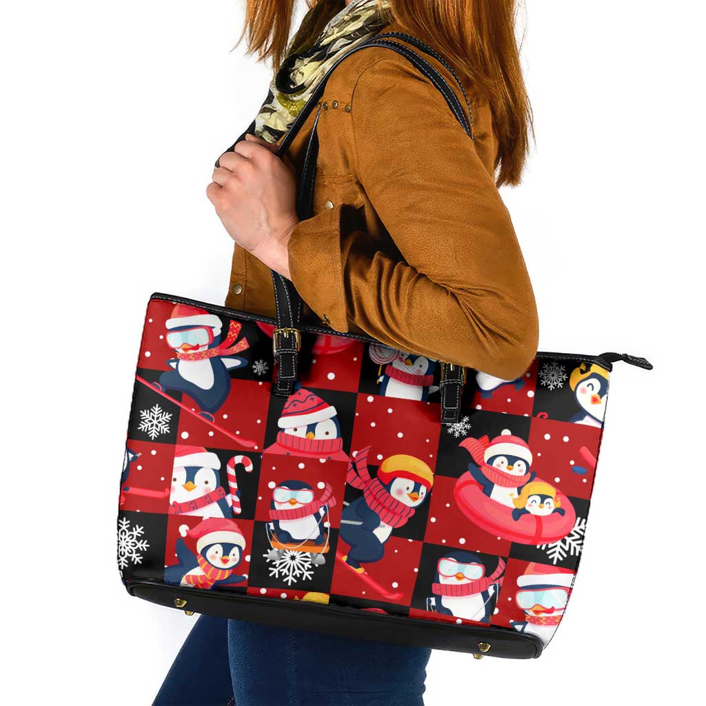 Penguin Winter Sports Christmas Leather Tote Bag Cute Holiday Ski Snow Fun - Wonder Print Shop