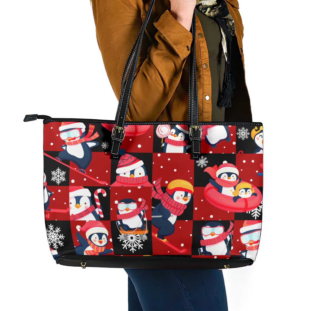 Penguin Winter Sports Christmas Leather Tote Bag Cute Holiday Ski Snow Fun - Wonder Print Shop