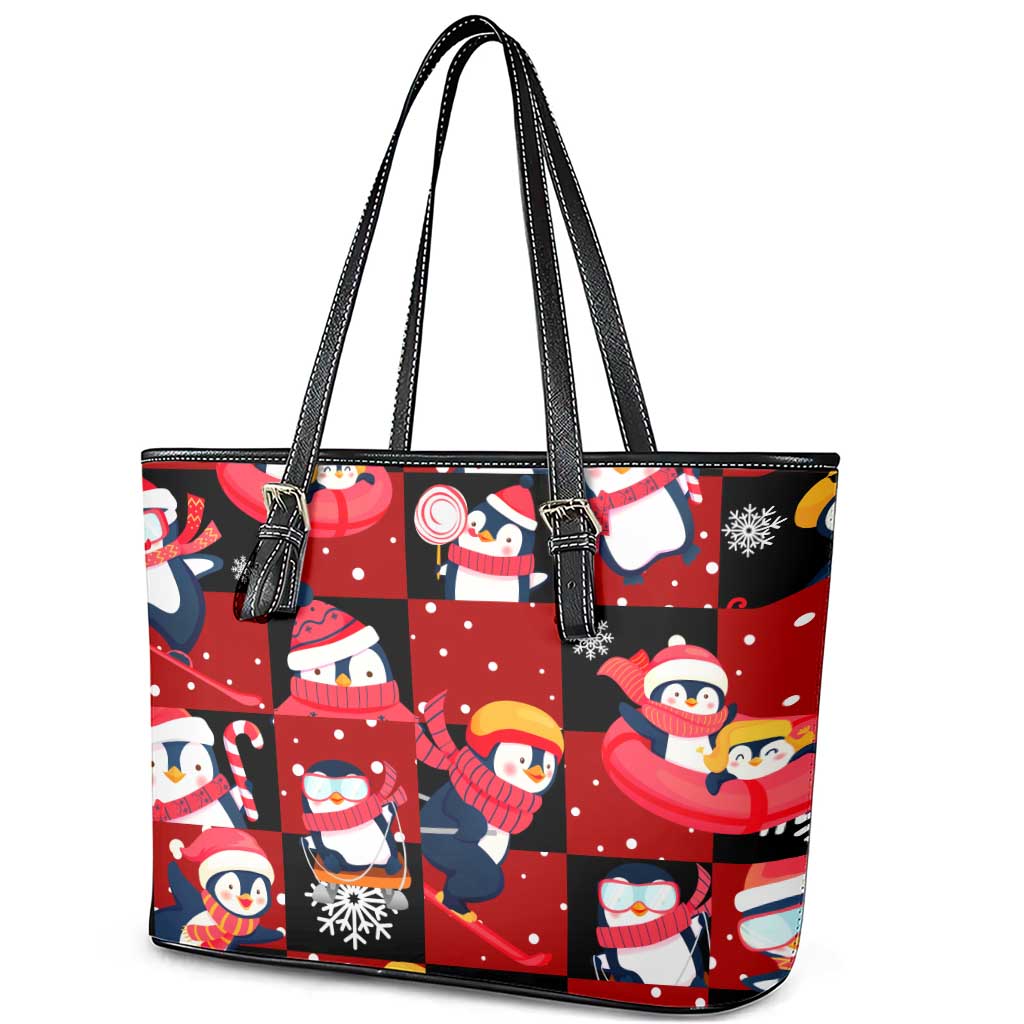 Penguin Winter Sports Christmas Leather Tote Bag Cute Holiday Ski Snow Fun - Wonder Print Shop