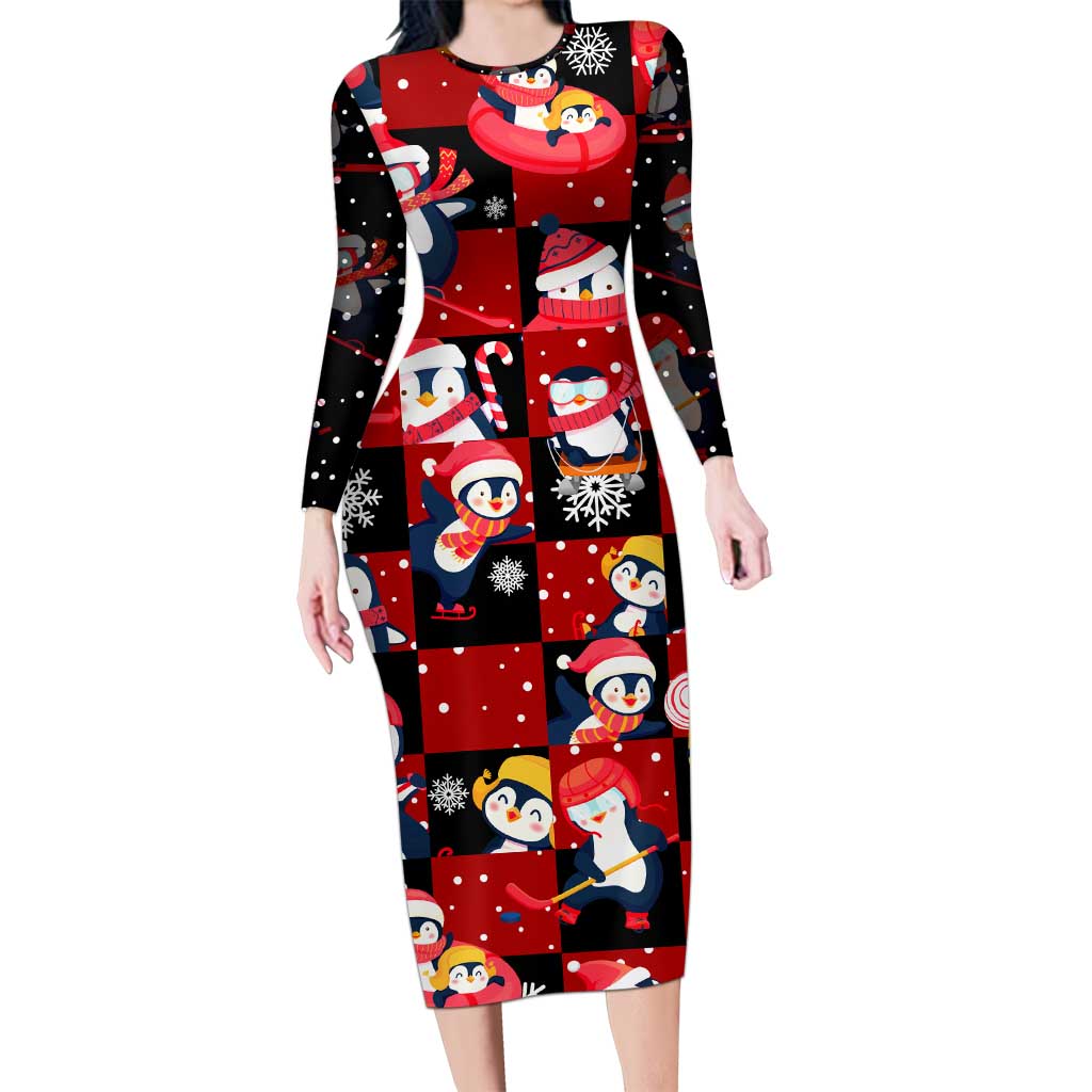 Penguin Winter Sports Christmas Long Sleeve Bodycon Dress Cute Holiday Ski Snow Fun - Wonder Print Shop