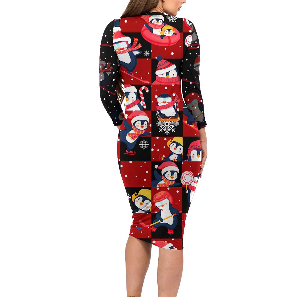 Penguin Winter Sports Christmas Long Sleeve Bodycon Dress Cute Holiday Ski Snow Fun - Wonder Print Shop