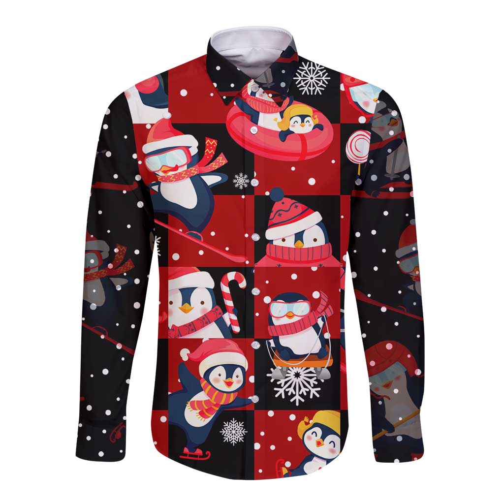 Penguin Winter Sports Christmas Long Sleeve Button Shirt Cute Holiday Ski Snow Fun - Wonder Print Shop