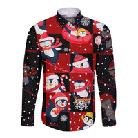 Penguin Winter Sports Christmas Long Sleeve Button Shirt Cute Holiday Ski Snow Fun - Wonder Print Shop