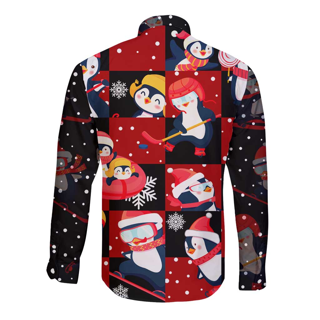 Penguin Winter Sports Christmas Long Sleeve Button Shirt Cute Holiday Ski Snow Fun - Wonder Print Shop