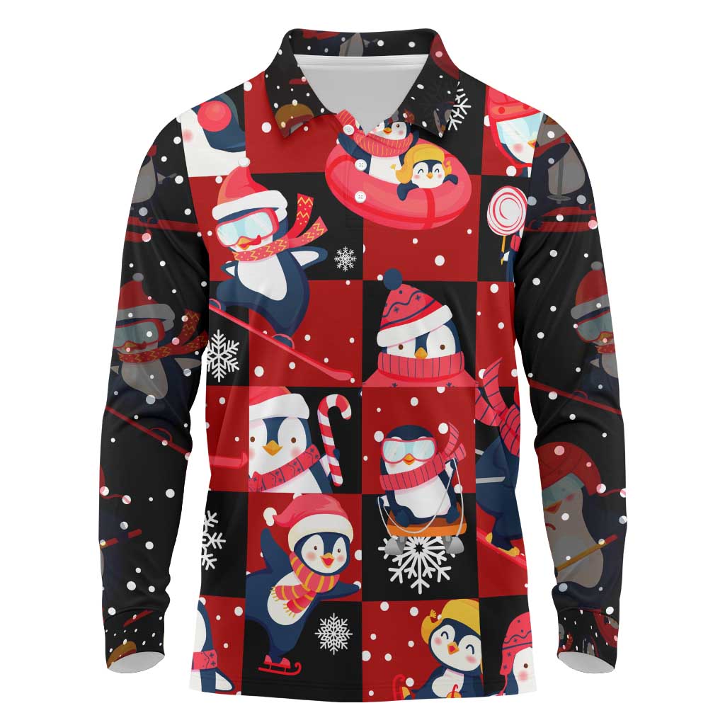 Penguin Winter Sports Christmas Long Sleeve Polo Shirt Cute Holiday Ski Snow Fun - Wonder Print Shop