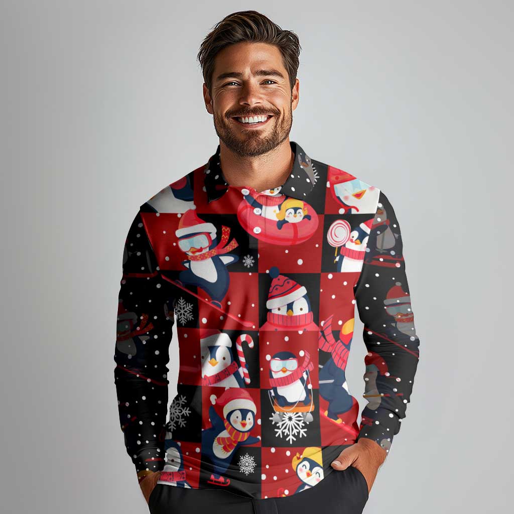 Penguin Winter Sports Christmas Long Sleeve Polo Shirt Cute Holiday Ski Snow Fun - Wonder Print Shop