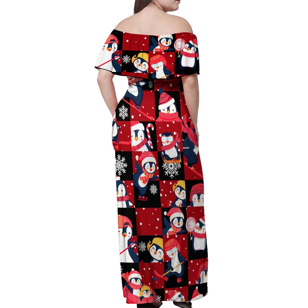 Penguin Winter Sports Christmas Off Shoulder Maxi Dress Cute Holiday Ski Snow Fun - Wonder Print Shop