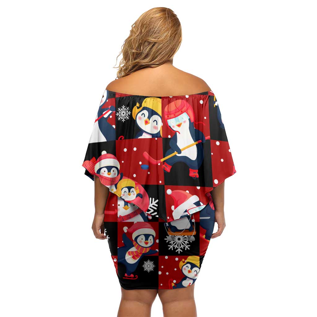 Penguin Winter Sports Christmas Off Shoulder Short Dress Cute Holiday Ski Snow Fun - Wonder Print Shop