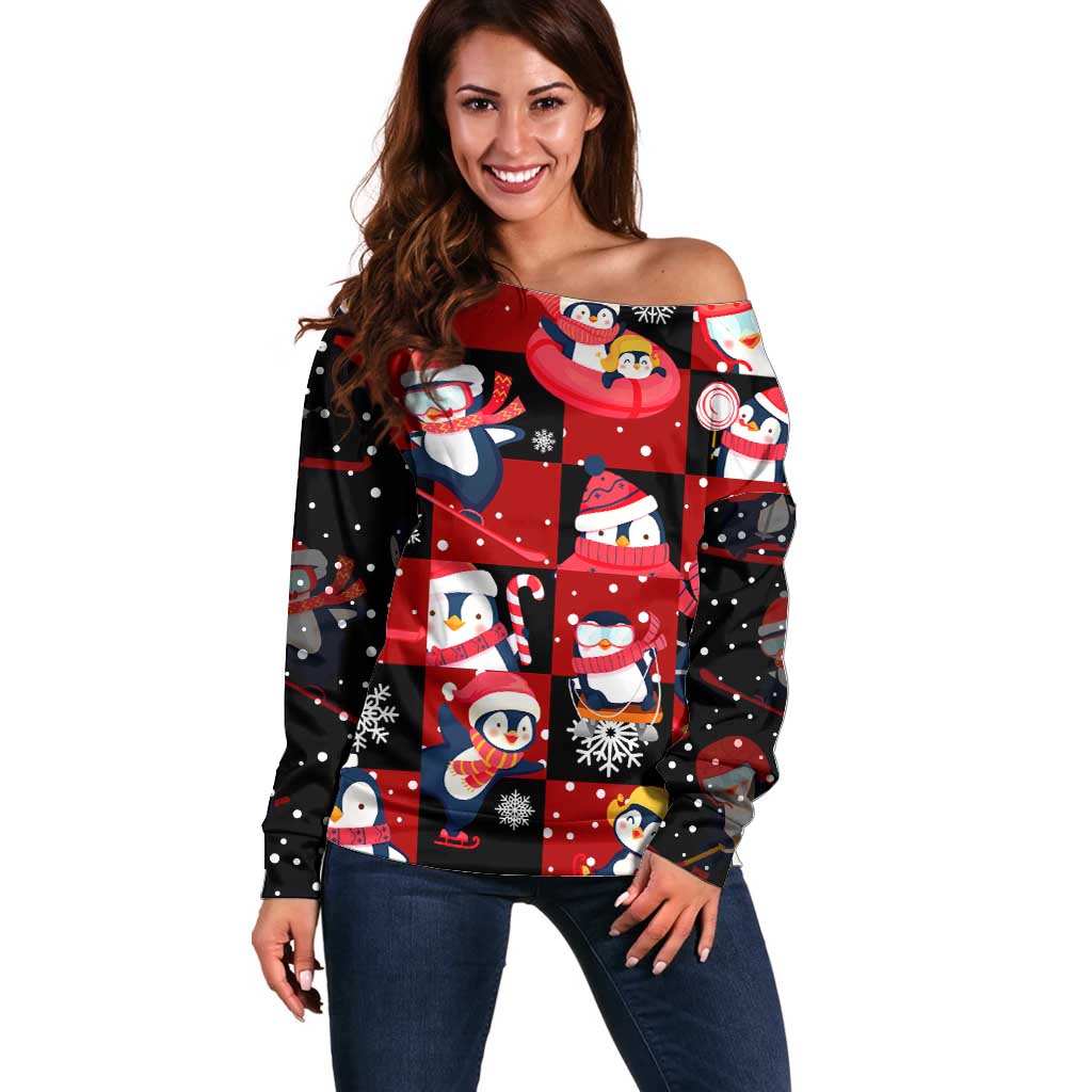 Penguin Winter Sports Christmas Off Shoulder Sweater Cute Holiday Ski Snow Fun - Wonder Print Shop