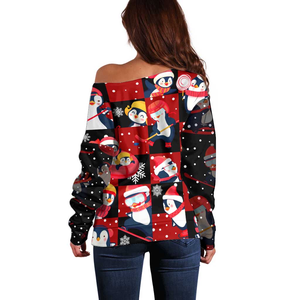 Penguin Winter Sports Christmas Off Shoulder Sweater Cute Holiday Ski Snow Fun - Wonder Print Shop