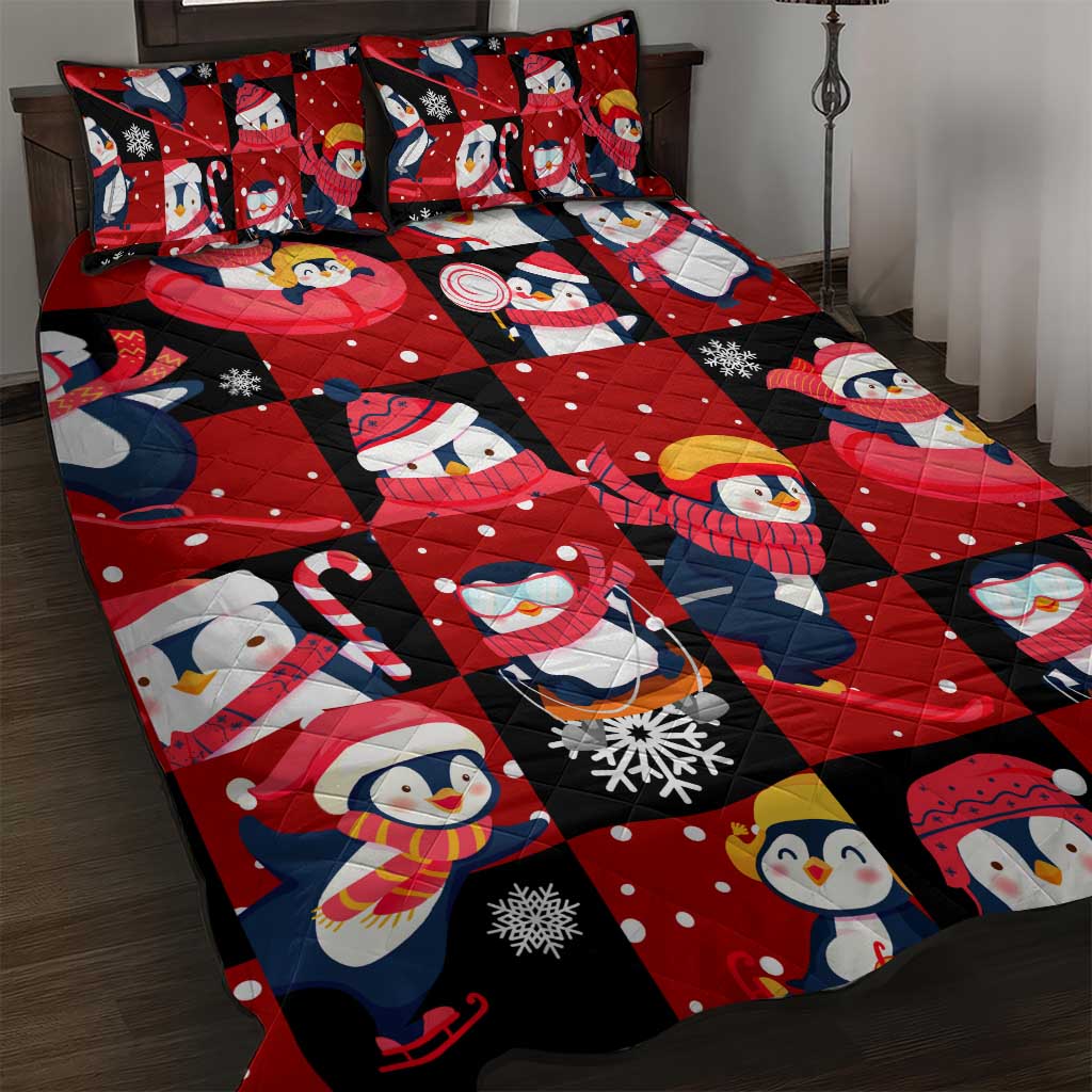 Penguin Winter Sports Christmas Quilt Bed Set Cute Holiday Ski Snow Fun - Wonder Print Shop
