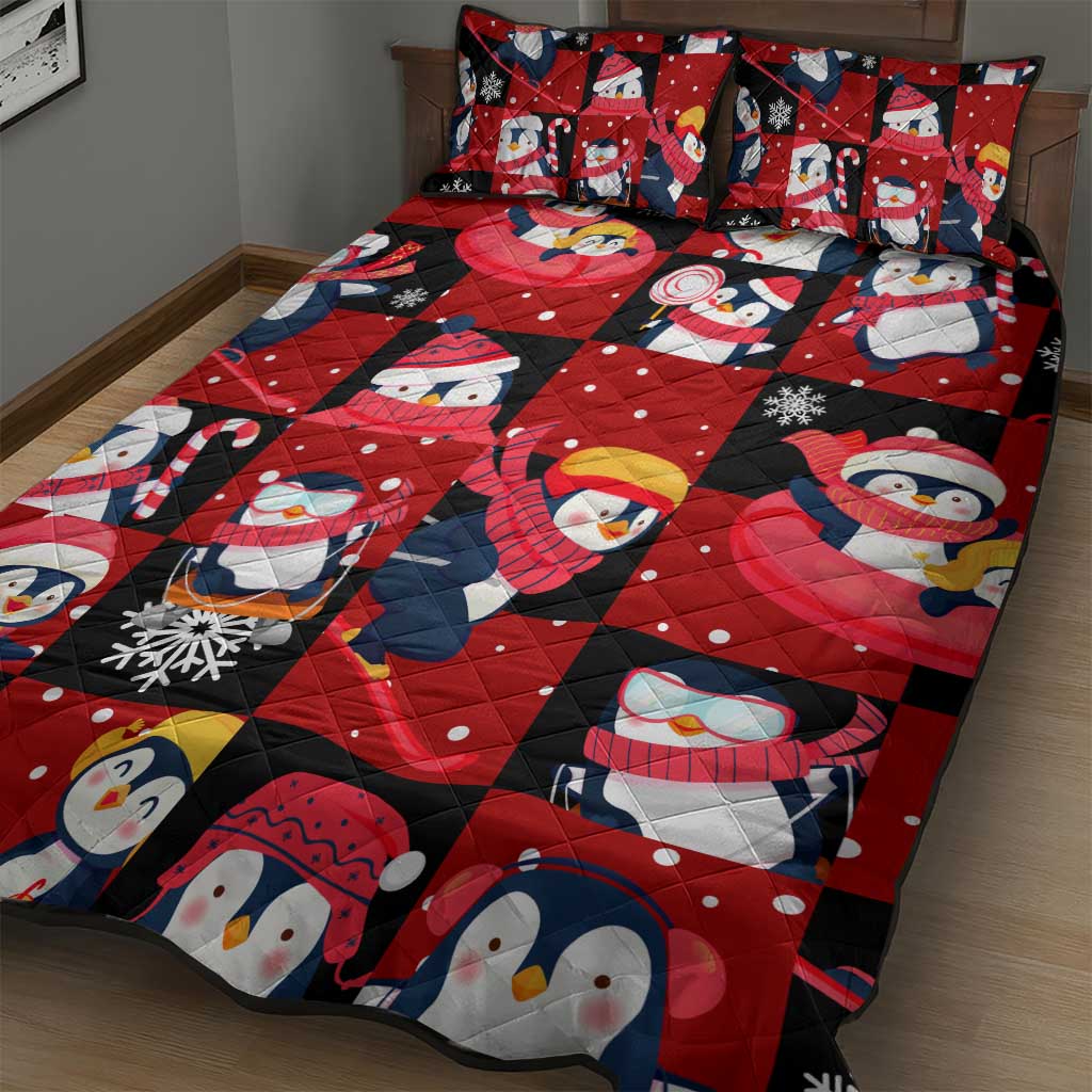 Penguin Winter Sports Christmas Quilt Bed Set Cute Holiday Ski Snow Fun - Wonder Print Shop