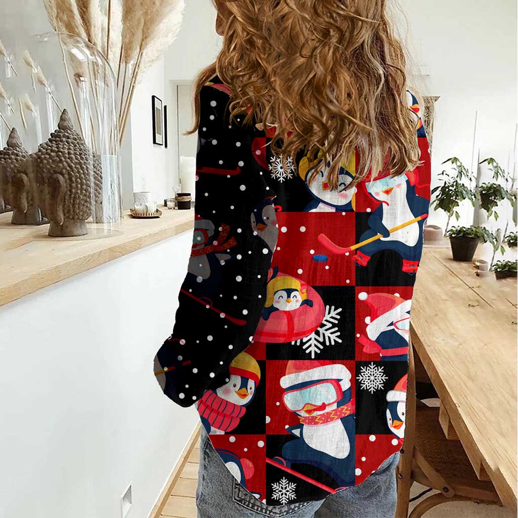 Penguin Winter Sports Christmas Women Casual Shirt Cute Holiday Ski Snow Fun - Wonder Print Shop