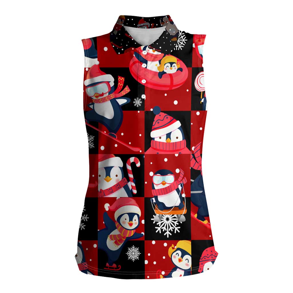 Penguin Winter Sports Christmas Women Sleeveless Polo Shirt Cute Holiday Ski Snow Fun - Wonder Print Shop