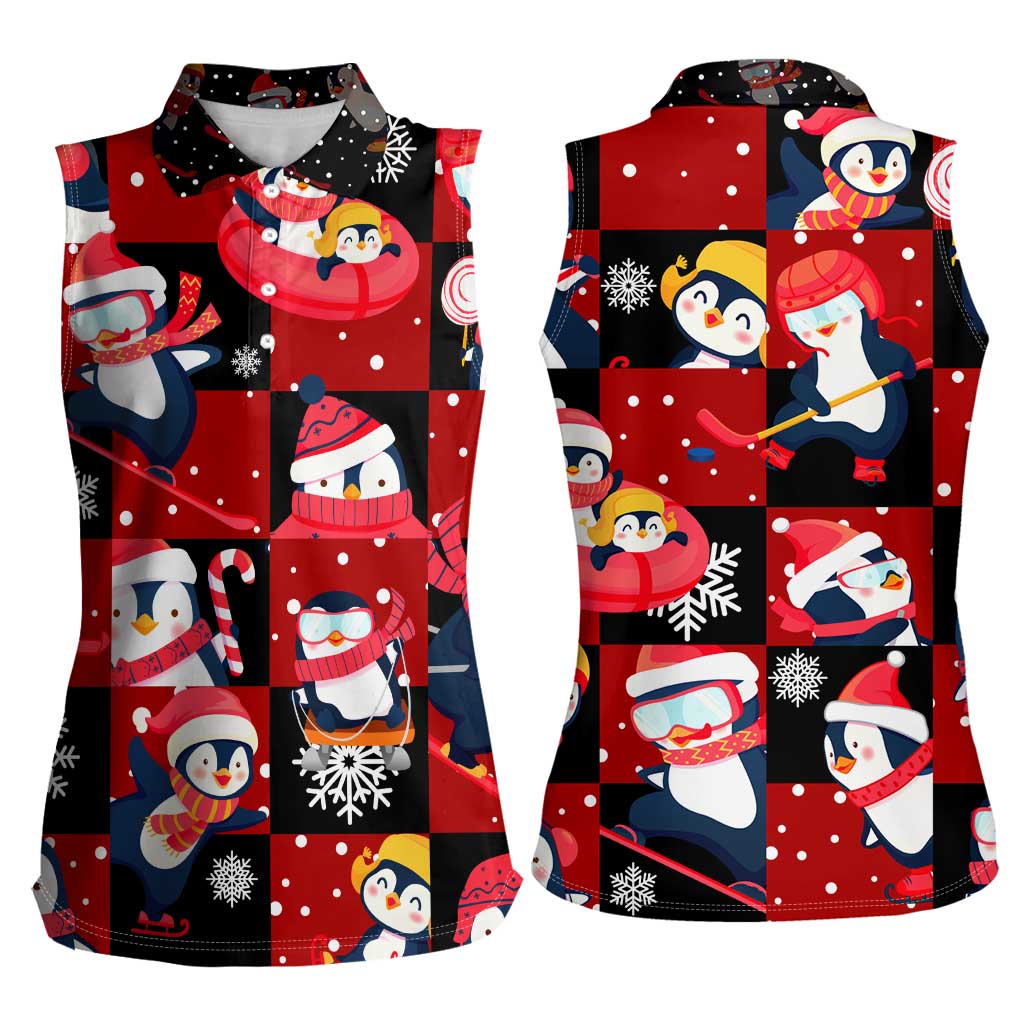 Penguin Winter Sports Christmas Women Sleeveless Polo Shirt Cute Holiday Ski Snow Fun - Wonder Print Shop