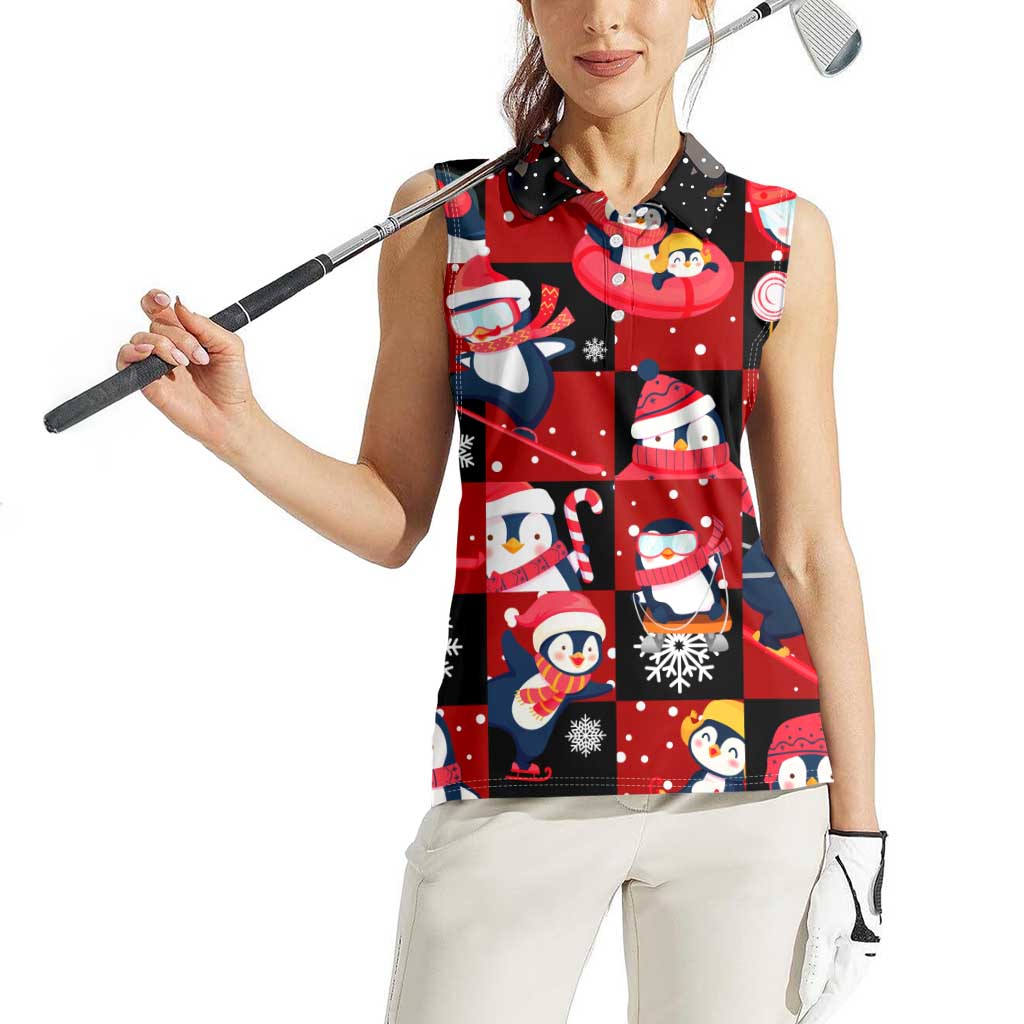 Penguin Winter Sports Christmas Women Sleeveless Polo Shirt Cute Holiday Ski Snow Fun - Wonder Print Shop