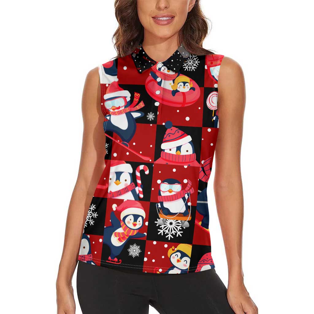 Penguin Winter Sports Christmas Women Sleeveless Polo Shirt Cute Holiday Ski Snow Fun - Wonder Print Shop