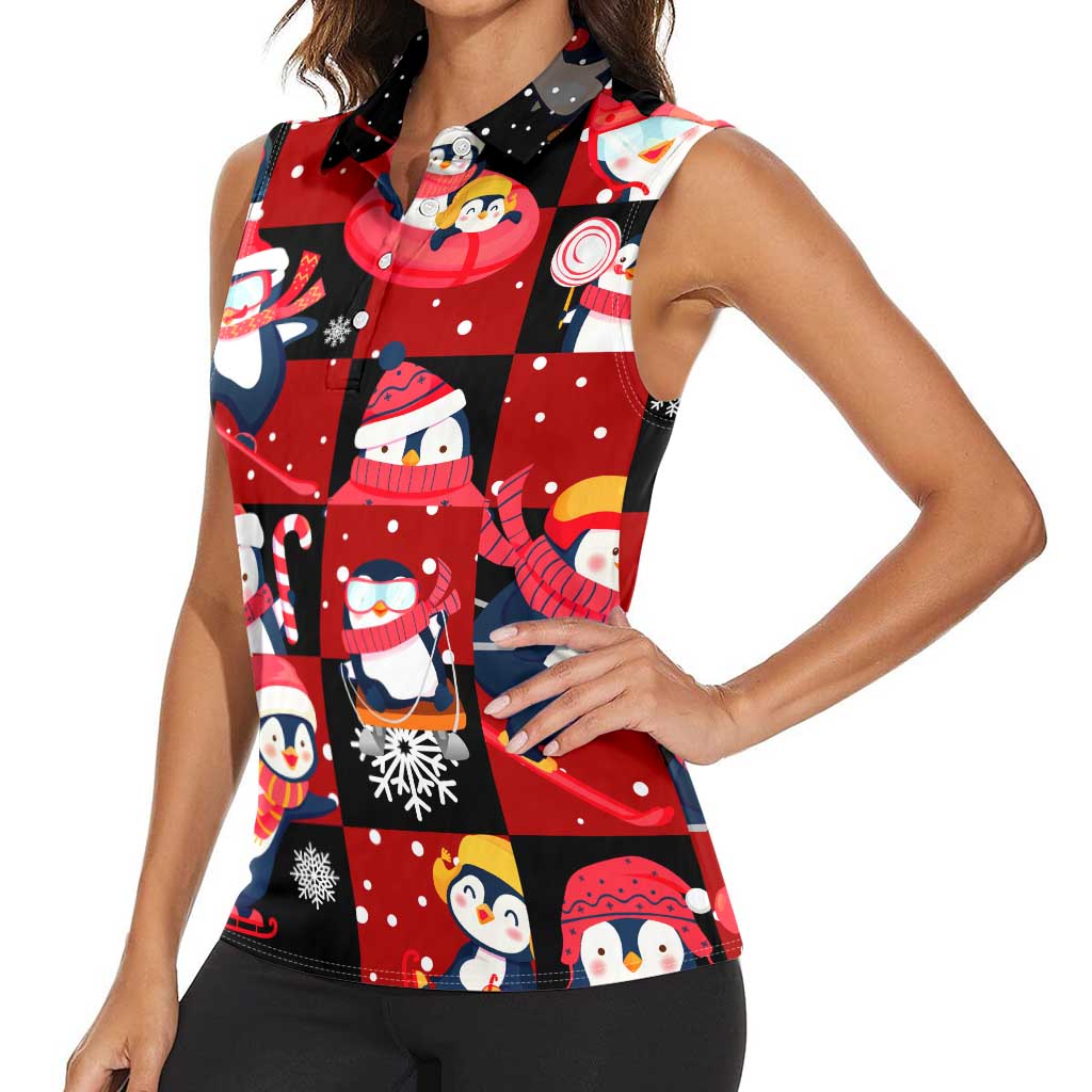 Penguin Winter Sports Christmas Women Sleeveless Polo Shirt Cute Holiday Ski Snow Fun - Wonder Print Shop