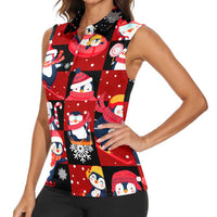 Penguin Winter Sports Christmas Women Sleeveless Polo Shirt Cute Holiday Ski Snow Fun - Wonder Print Shop